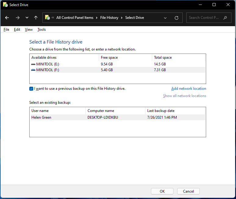 Windows 11 select a File History drive