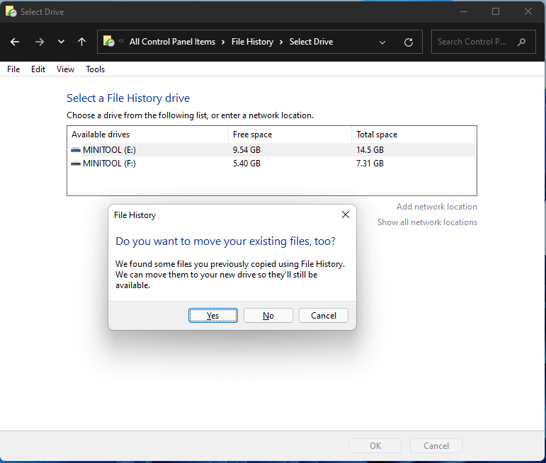 Windows 11 File History move previous backups from the old drive to a new destination