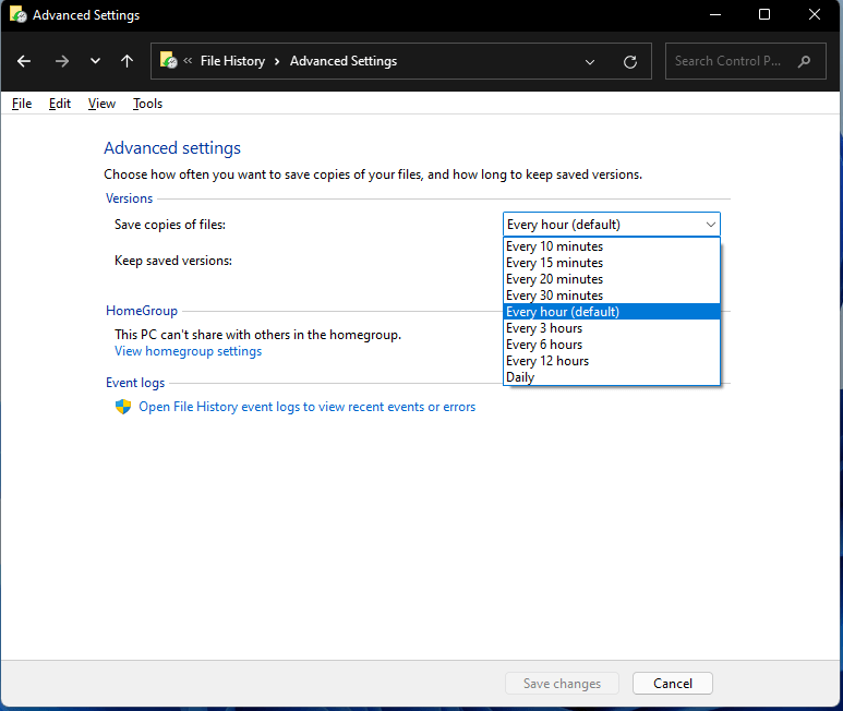 Windows 11 File History backup frequency