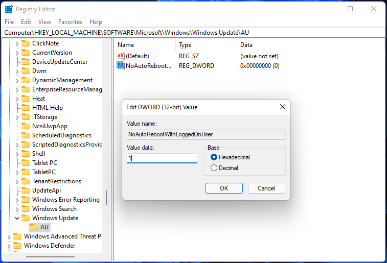 change Windows Update registry