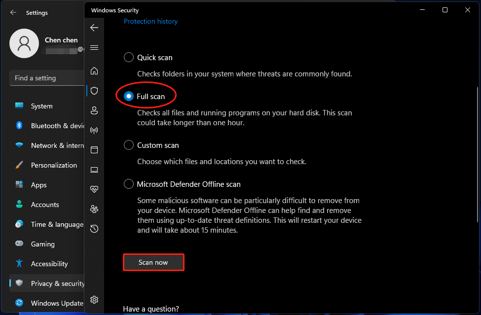 Windows Security scan for malware