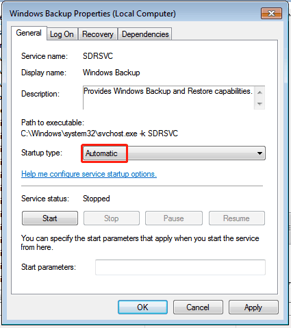 set Windows Backup service to automatic