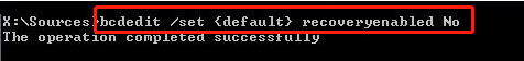 type bcdedit set default recoveryenabled No