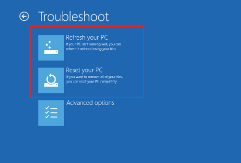 select Reset your PC or Refresh your PC