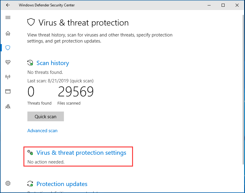 virus and threat protection settings in Windows Defender
