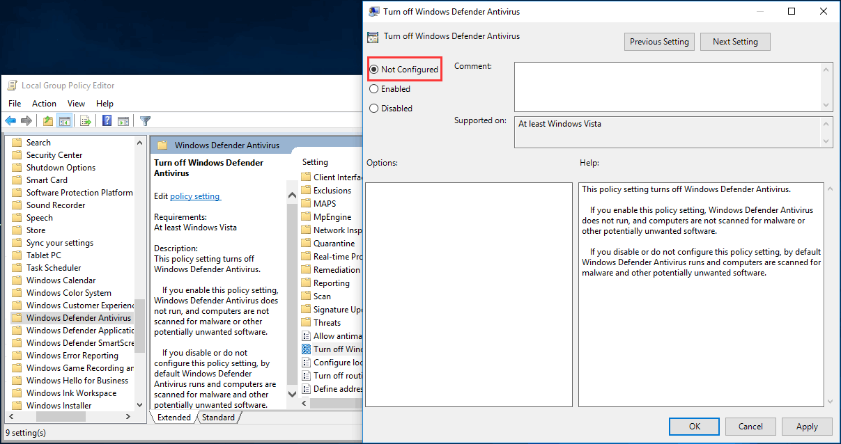 change Windows Defender by group policy
