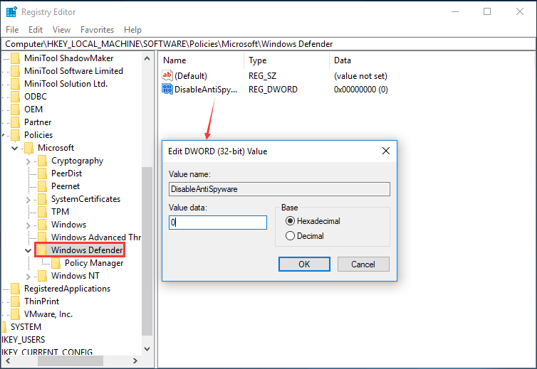 set DisableAntiSpyware value data of Windows Defender to 0