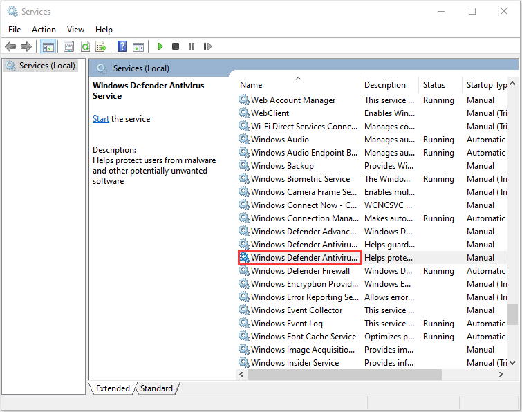 find Windows Defender Antivirus Service