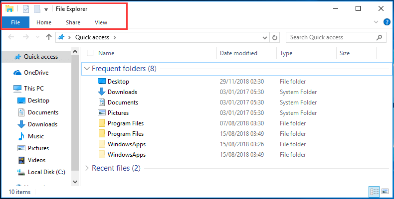 ribbon toolbar of Windows Explorer
