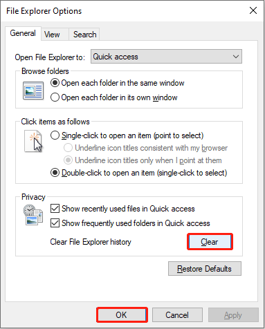 clear the File Explorer