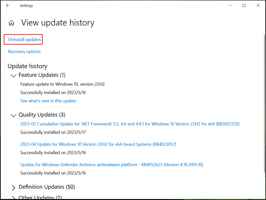 uninstall Windows 10 updates