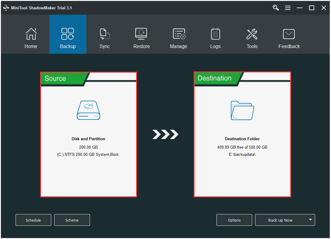 choose the backup source and destination to continue