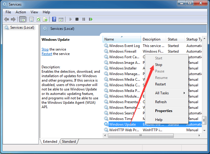 choose Windows Update and select Stop to continue