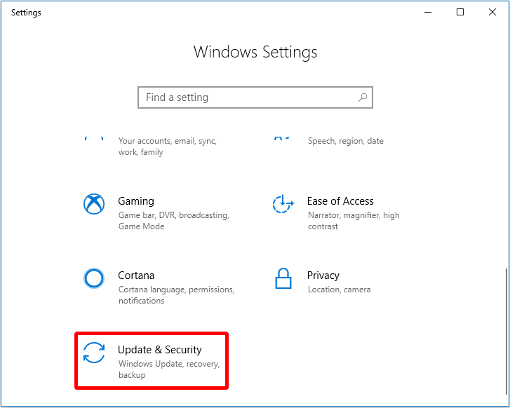 click Update & Security on the Settings page