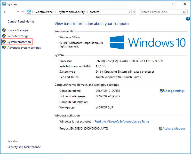 enable system protection in Windows 10